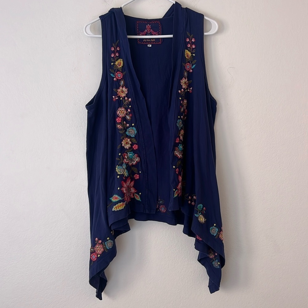 Johnny Was Navy Sleeveless Embroidered Coverup Top Size Medium Women’s Cotton
